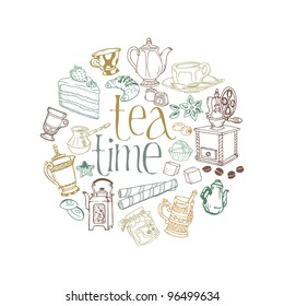 Card with Tea and Coffee Doodles in vector