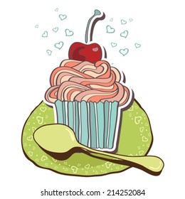 Card with tea and cupcakes.