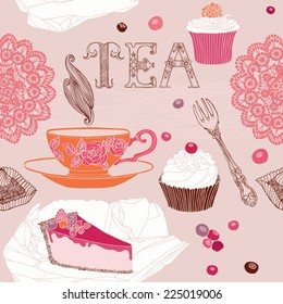card with tea and cupcakes