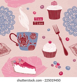 Tarjeta con té y cupcakes 