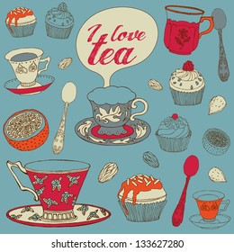 Card with tea and cupcakes. Vector illustration.