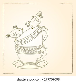 Card with tea cups and art birds