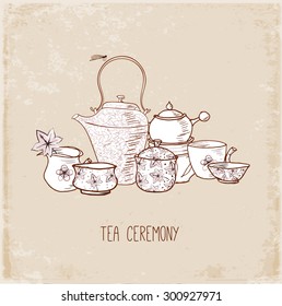 Card with tea objects. Eastern tea ceremony. Vector illustration.