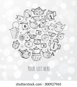 Card with tea objects on glowing background. Eastern tea ceremony. Vector illustration. Contains hieroglyphs "beauty", "tea ceremony", "tea". 