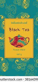 Card or tea package with ethnic ornaments. Oriental indian style. Hand-drawn patterns with round elements