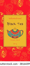 Card or tea package with ethnic ornaments. Oriental indian style. Hand-drawn patterns with round elements
