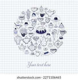 Card with tea party doodles on lined paper background with place for your text. Vector sketch illustration