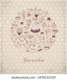 Card with tea party doodles on vintage background with place for your text. Vector sketch illustration