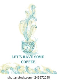 Card for tea party. Hand drawn mug with floral pattern. Watercolor effect. Vector illustration