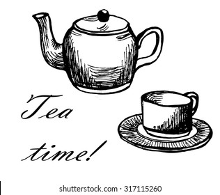 card "tea time" with hand drawn cup and kettle ink sketch vector illustration