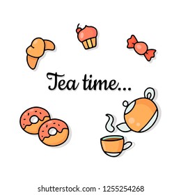 card, tea time, teapot and cup, coffee, cafe, croissant, donut, candy, cupcake