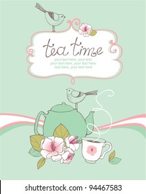 card with teapot, cup, birds and cherry blossoms