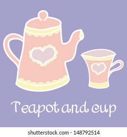 Card with teapot and cup and place for text. Vector vintage illustration. 