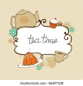 card with teapot, cups and sweets