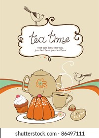 card with teapot, cups and sweets