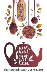 Card with teapot and spoons of loose tea. Handwritten quote. Tea shop, cafe-bar, tea lover, beverages concept. Vector illustration. Poster, banner, cover, card, postcard. 