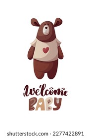 Card with teddy bear and handwritten text. Children's toys, kid's shop, playing, childhood concept. Vector Illustration for card, postcard, cover.