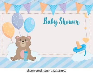 card of teddy bear with party banner and pacifier