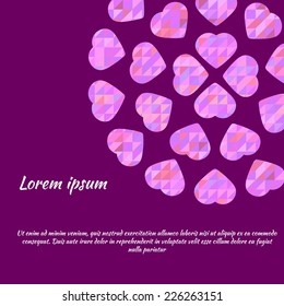 Card template with abstract polygonal hearts. Vector illustration.