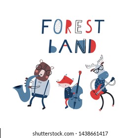 Card template with animals: Forest band. For birthday, anniversary, party invitations, apparel. Funny forest band. Kids fashion graphic. Vector hand drawn illustration in red, black, blue.