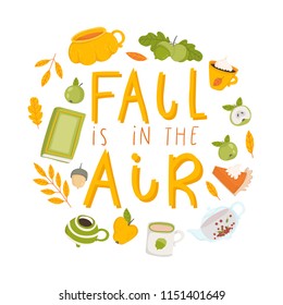 Card template with autumn elements. Leaves, pumpkins and lettering. Bright fall elements. Poster, card, label, banner design. Bright cartoon fall background. Vector illustration EPS10