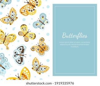 Card Template with Beautiful Butterflies Seamless Pattern, Wedding Invitation, Save the Date, Thank You Card, Cosmetic, Perfume, Beauty Products Design Vector Illustration