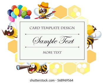 Plantilla de tarjeta con abeja en una ilustración de acciones diferentes
