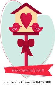 Card template with a birdhouse and two birds. Valentines Day. Vector illustration isolated on white background. For postcards, invitations, congratulations, decoration and decoration, scrapbooking