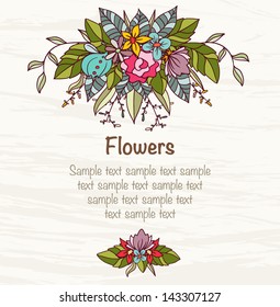 Card template with bright flowers and leaves composition. Summer mood. Vector file has few layers for easy using.
