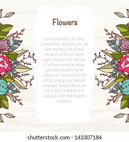 Card template with bright flowers and leaves composition. Summer mood. Vector file has few layers for easy using.