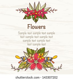 Card template with bright flowers and leaves composition. Summer mood. Vector file has few layers for easy using.