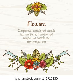 Card template with bright flowers and leaves composition. Summer mood. Vector file has few layers for easy using.