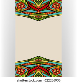 Card template with bright ornate borders. Abstract Mexican style festive ornament. Folkloric ethnic pattern. Copy space. Useful for invitation or poster. Vector illustration.