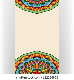 Card template with bright ornate details. Abstract Mexican style festive ornament. Folkloric ethnic pattern. Copy space. Useful for invitation or poster. Vector illustration.