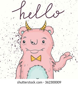 Card template with cartoon monster "Hello". Cute vector illustration.