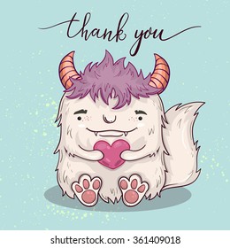Card template with cartoon monster "Thank you". Cute vector illustration.
