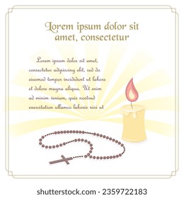 Card template for Christian community with rosary and candles, with gold frame. Vector illustration