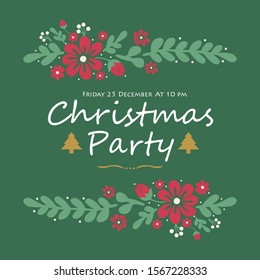 Card template christmas party, with ornate wallpaper green leafy flower frame. Vector