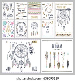 Card template collection for banners, flyers, posters with feathers, arrow and dream catchers in boho style