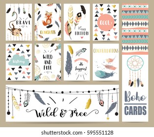 Card template collection for banners,Flyers,Placards with feather,fox,monkey and arrow in boho style