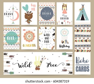 Card template collection for banners,Flyers,Placards with feather,girl,bear,tent and arrow in boho style