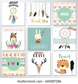 Card template collection for banners,Flyers,Placards with feather,girl,rabbit,wild and tiger in boho style