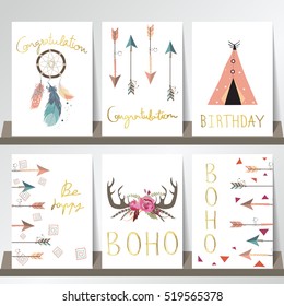 Card template collection for banners,Flyers,Placards with wreath,feather,wild,tent and arrow in boho style