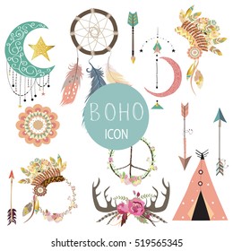 Card template collection for icon,Flyers,Placards with wreath,feather,flower,tent,wild,girl and arrow in boho style