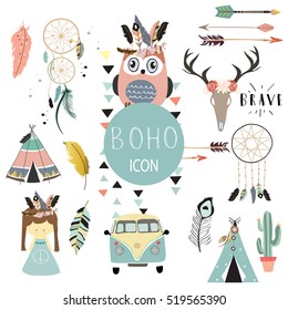 Card template collection for icon,Flyers,Placards with wreath,feather,owl,tent,wild,girl and arrow in boho style
