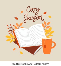 Card template with colorful books, cup and autumn leaves. Book reading concept. Template for greeting card, poster, banner, flyer. Vector illustration