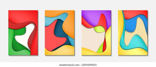 Card template with colorful wave paper cut background. Vector abstract background. Collection of Christmas design templates. Story layout for promo greeting card design for holidays.