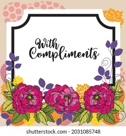 Card template with coloured hand drawn peonies and assorted leaf elements floral design