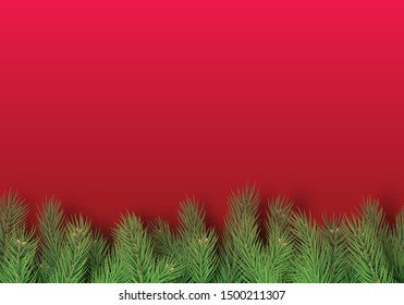 Card template for congratulation with fluffy branches of fir tree. Red Christmas background. Merry Christmas celebration. Realistic green pine tree branches vector illustration.