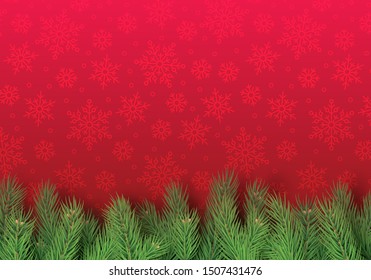 Card template for congratulation with fluffy branches of fir tree. Red Christmas pattern with snowflakes. Merry Christmas celebration. Realistic green pine tree branches vector illustration.